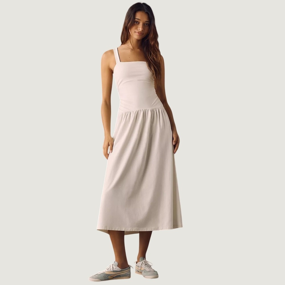 Nation LTD Los Angeles Ivory White Pima Cotton Ruched Dropped Waist Midi Dress L